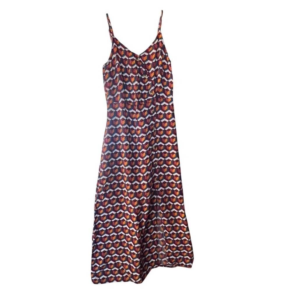 ONLY Geometric 3D Cube Print Midi Dress Button Front Slit Viscose 2048461‎ EU 34
